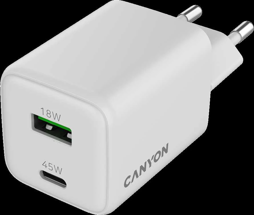 CANYON įkroviklis CU45AC GaN 45W 1xPD 1xQC EU Baltas