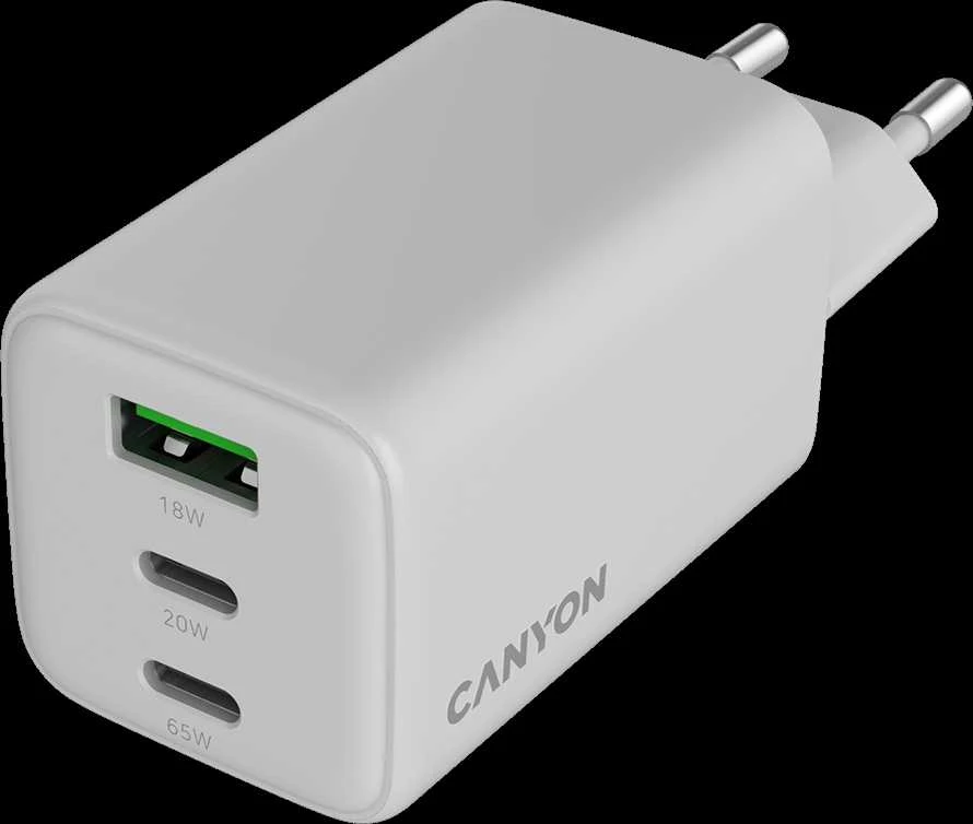 CANYON įkroviklis CU65ACC GaN 65W 2xPD 1xQC EU Baltas