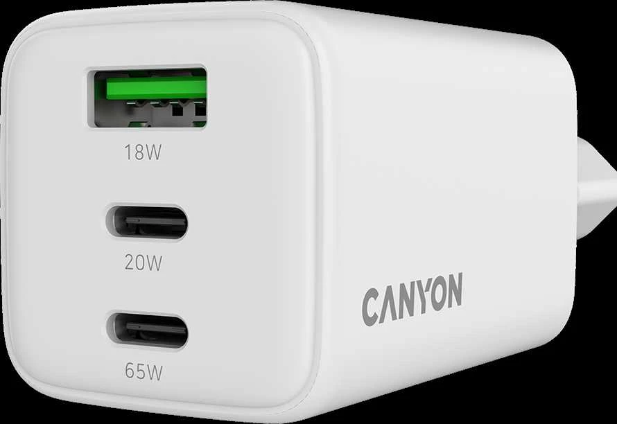 CANYON įkroviklis CU65ACC GaN 65W 2xPD 1xQC EU Baltas