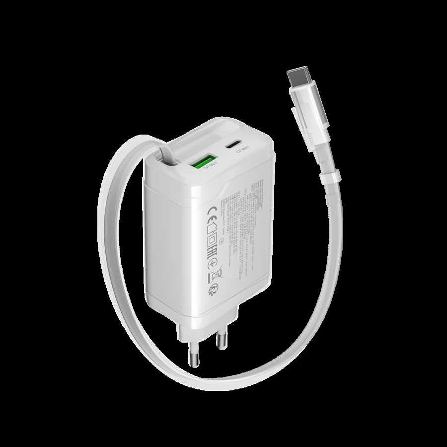 CANYON įkroviklis OnCharge 65RC su integruotu USB-C laidu, 65W, 1xPD, 1xQC, EU, Baltas