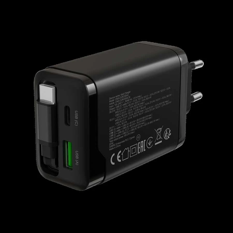 CANYON įkroviklis OnCharge 65RC įmontuojamas laidas USB-C 65W 1xPD 1xQC EU Juodas