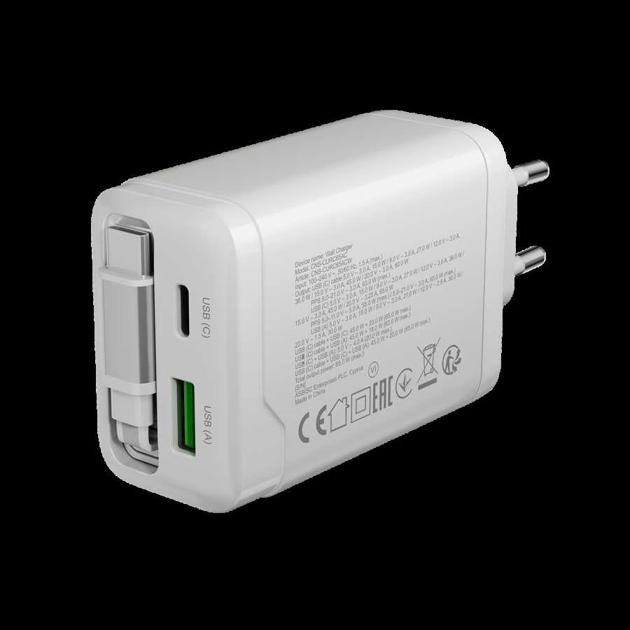 CANYON įkroviklis OnCharge 65RC su integruotu USB-C laidu, 65W, 1xPD, 1xQC, EU, Baltas