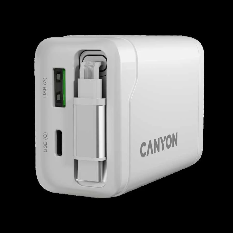 CANYON įkroviklis OnCharge 65RC su integruotu USB-C laidu, 65W, 1xPD, 1xQC, EU, Baltas