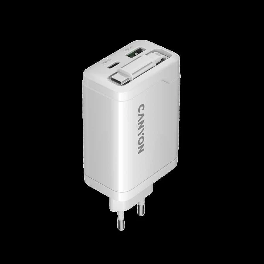 CANYON įkroviklis OnCharge 65RC su integruotu USB-C laidu, 65W, 1xPD, 1xQC, EU, Baltas