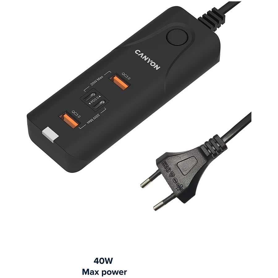 CANYON įkroviklis H-10 PD 20W QC 3.0 18W 2USB-A 2USB-C stalinis juodas