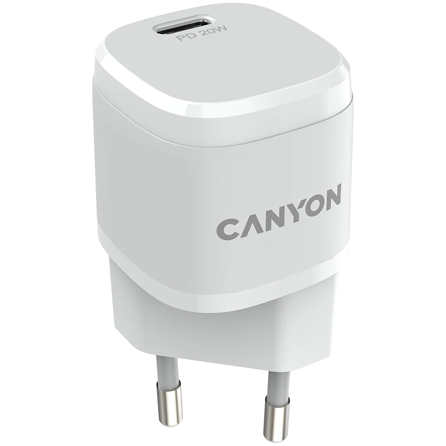 CANYON H-20-05, PD 20W Įvestis: 100V-240V, Išvestis: 1 prievado įkrovimas: USB-C:PD 20W (5V3A/9V2.22A/12V1.66A), Eu kištukas, Viršįtampa, perkaitęs, Apsauga nuo viršsrovių ir trumpojo jungimo Atitinka CE RoHs, ERP. Dydis: 68,5*29,2*29,4mm, 32,5g, Baltas