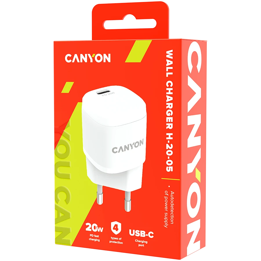 CANYON H-20-05, PD 20W Įvestis: 100V-240V, Išvestis: 1 prievado įkrovimas: USB-C:PD 20W (5V3A/9V2.22A/12V1.66A), Eu kištukas, Viršįtampa, perkaitęs, Apsauga nuo viršsrovių ir trumpojo jungimo Atitinka CE RoHs, ERP. Dydis: 68,5*29,2*29,4mm, 32,5g, Baltas