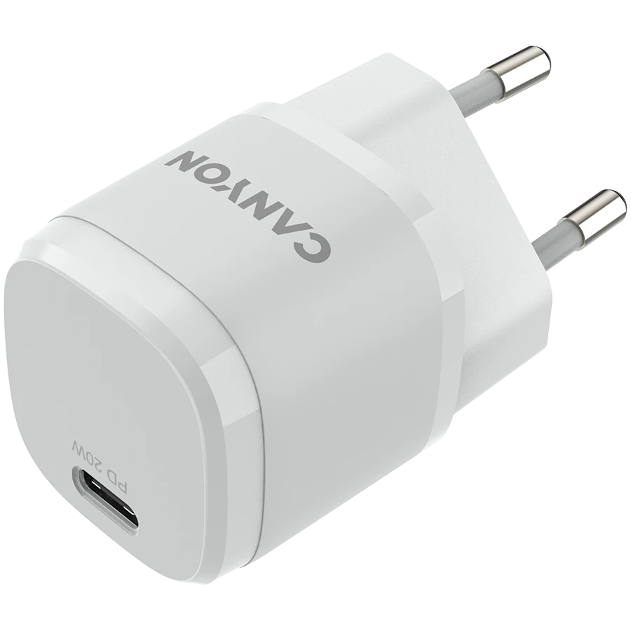 CANYON H-20-05, PD 20W Įvestis: 100V-240V, Išvestis: 1 prievado įkrovimas: USB-C:PD 20W (5V3A/9V2.22A/12V1.66A), Eu kištukas, Viršįtampa, perkaitęs, Apsauga nuo viršsrovių ir trumpojo jungimo Atitinka CE RoHs, ERP. Dydis: 68,5*29,2*29,4mm, 32,5g, Baltas