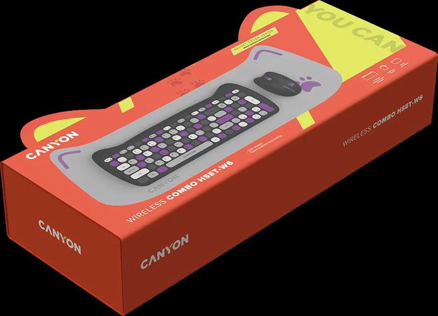 CANYON HSET-W6 EN Klaviatūra ir pelė Kitty Edition AAA+АА Wireless Violet