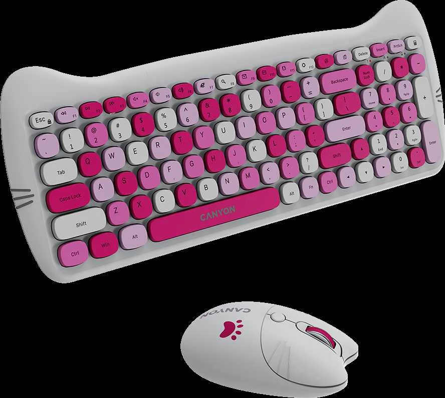 CANYON HSET-W6 EN Klaviatūra ir pelė Kitty Edition AAA+АА Wireless Rožinė
