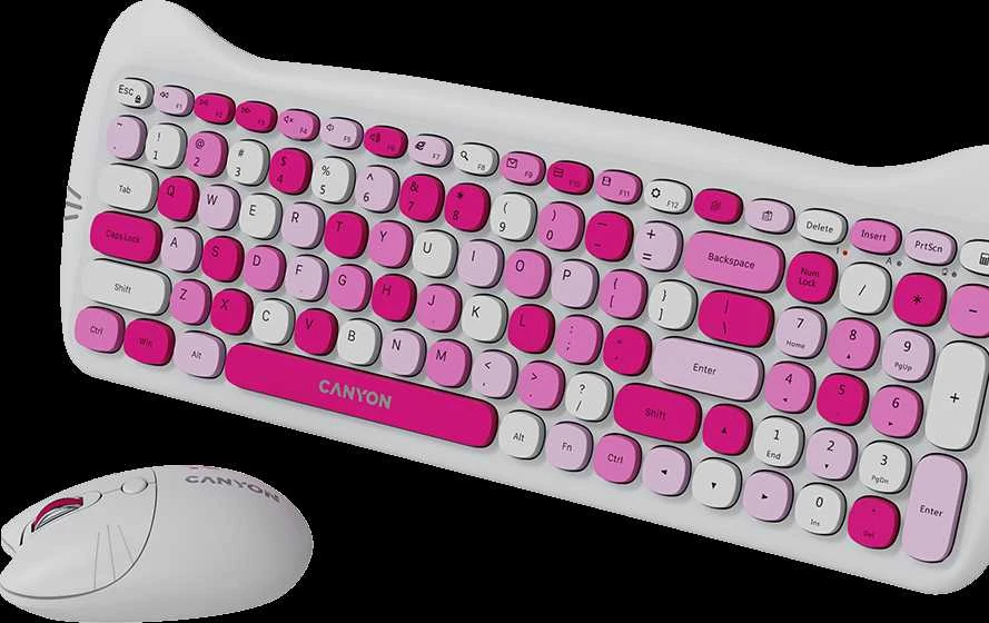 CANYON HSET-W6 EN Klaviatūra ir pelė Kitty Edition AAA+АА Wireless Rožinė