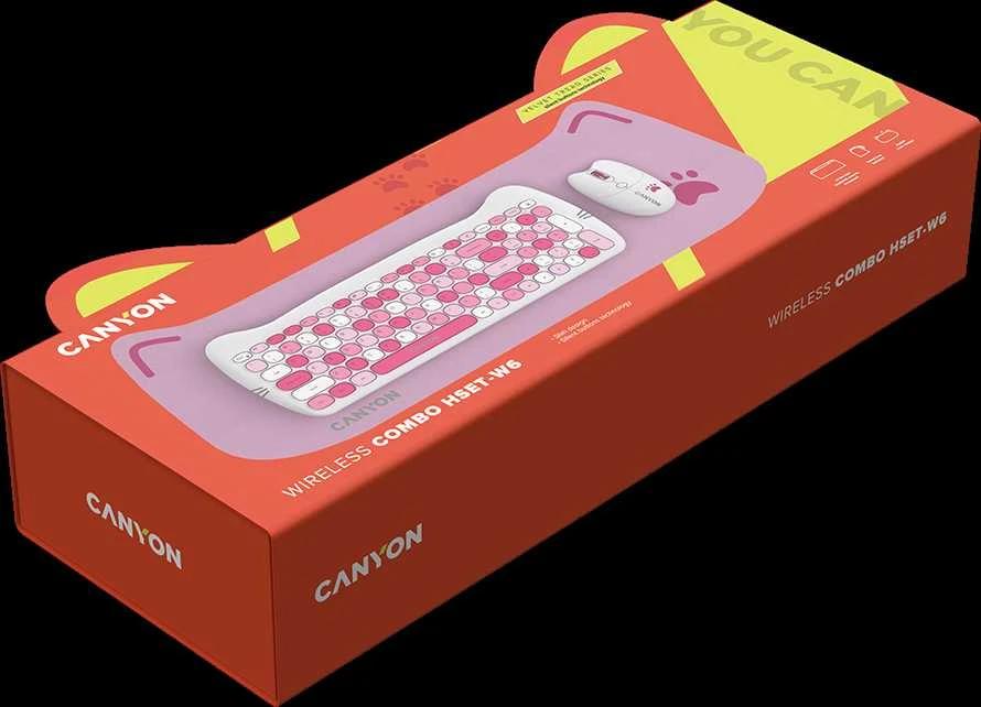 CANYON HSET-W6 EN Klaviatūra ir pelė Kitty Edition AAA+АА Wireless Rožinė