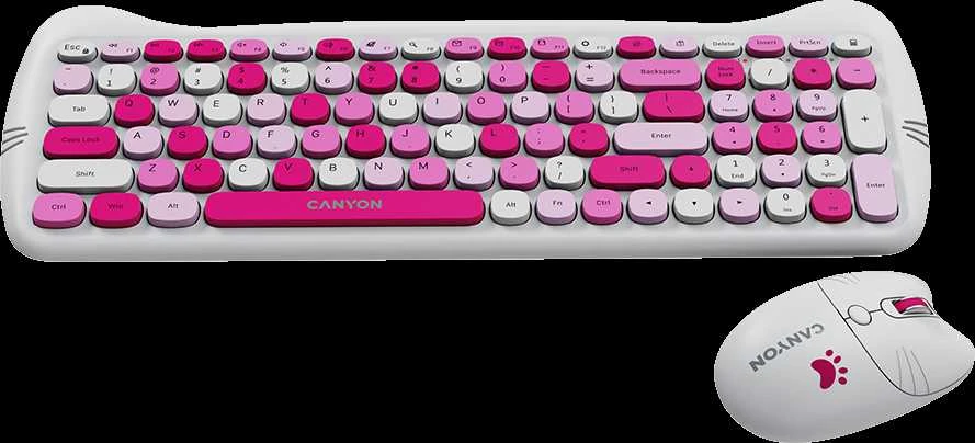 CANYON HSET-W6 EN Klaviatūra ir pelė Kitty Edition AAA+АА Wireless Rožinė