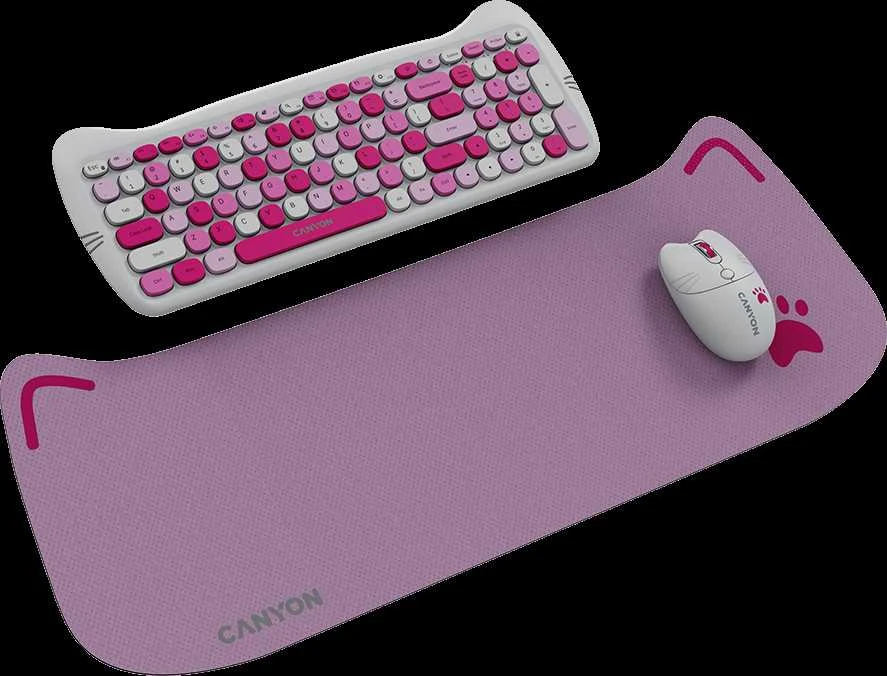 CANYON HSET-W6 EN Klaviatūra ir pelė Kitty Edition AAA+АА Wireless Rožinė