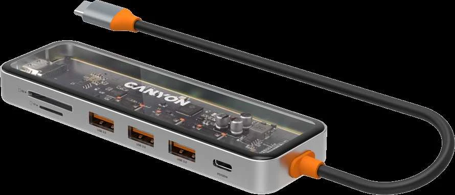 CANYON šakotuvas DS-13 7in1 4k USB-C permatomas erdvės pilkas
