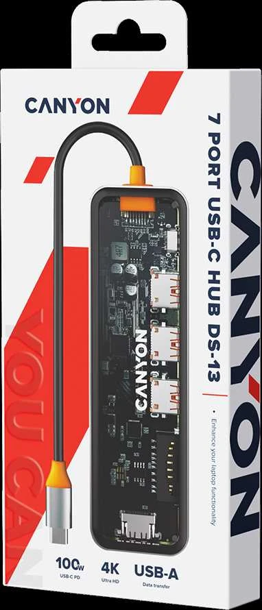 CANYON šakotuvas DS-13 7in1 4k USB-C permatomas erdvės pilkas