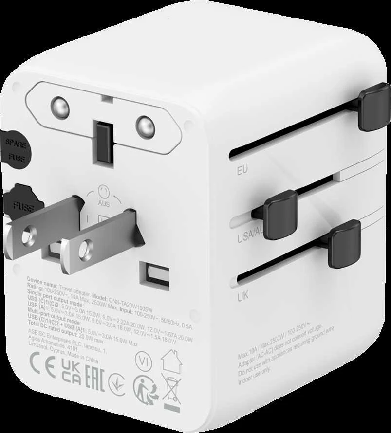 CANYON kelioninis adapteris OnTour 20 ES/JK/JAV/Australijos 20 W, baltas