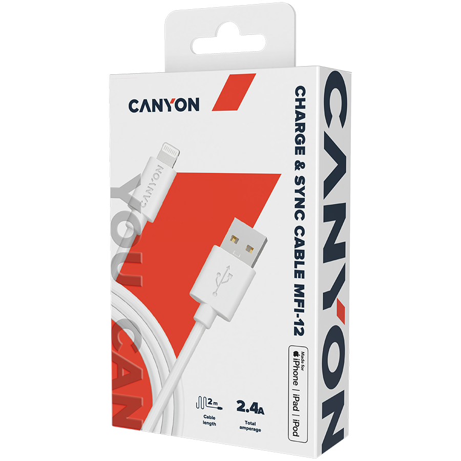 CANYON kabelis MFI-12 USB-A į Lightning 2m Baltas