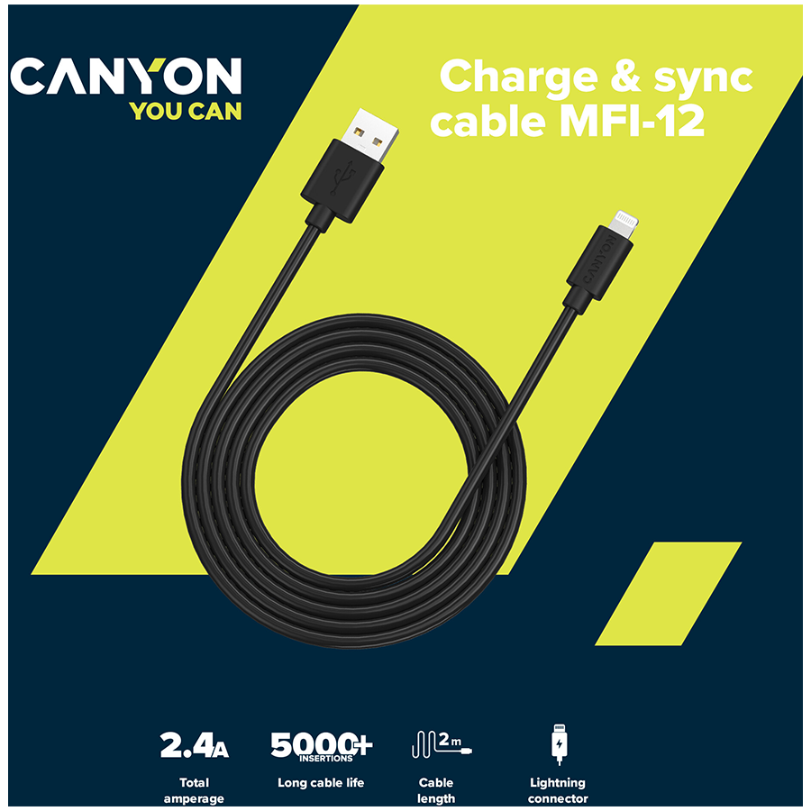 CANYON kabelis MFI-12 USB-A į Lightning 2m Baltas