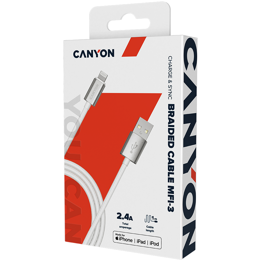 CANYON kabelis MFI-3 Lightning 12W 1m Baltas
