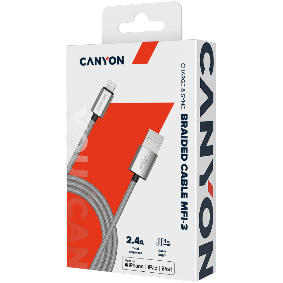 Apple CANYON kabelis MFI-3 Lightning 12W 1m Pilkas