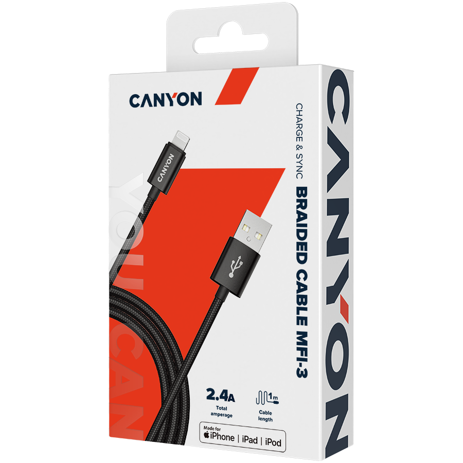 CANYON kabelis MFI-3 Lightning 12W 1m Juodas