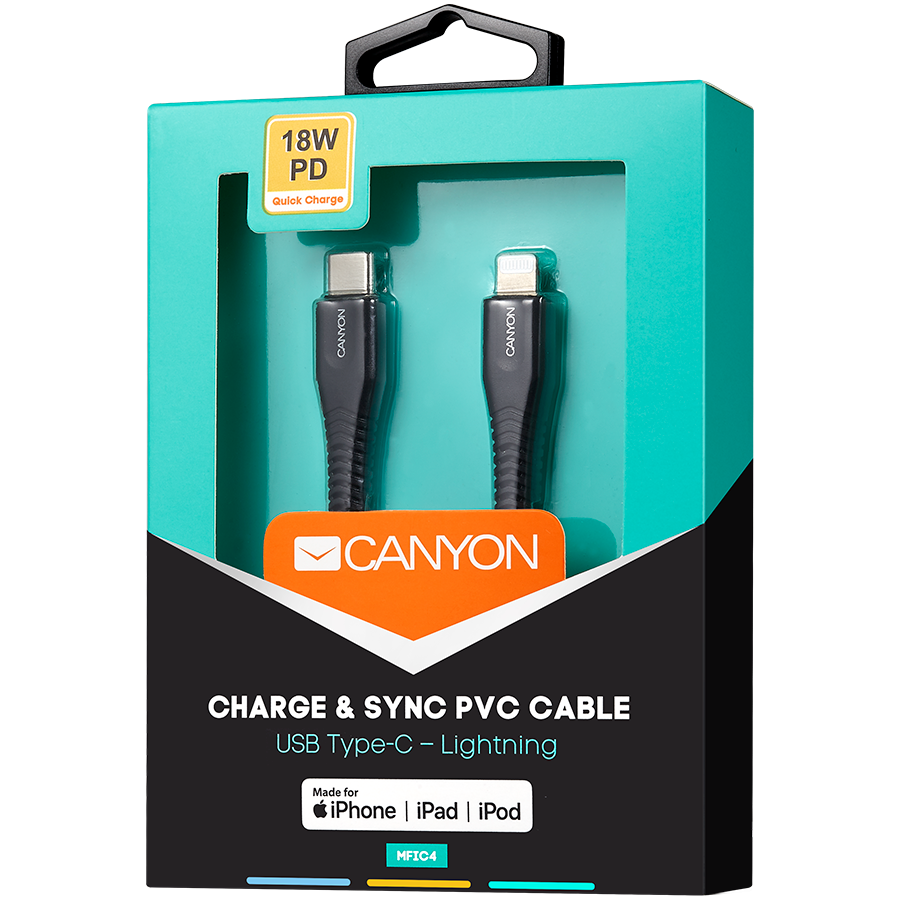 CANYON kabelis MFI-4 Type-C iki Lightning 1.2m Juodas