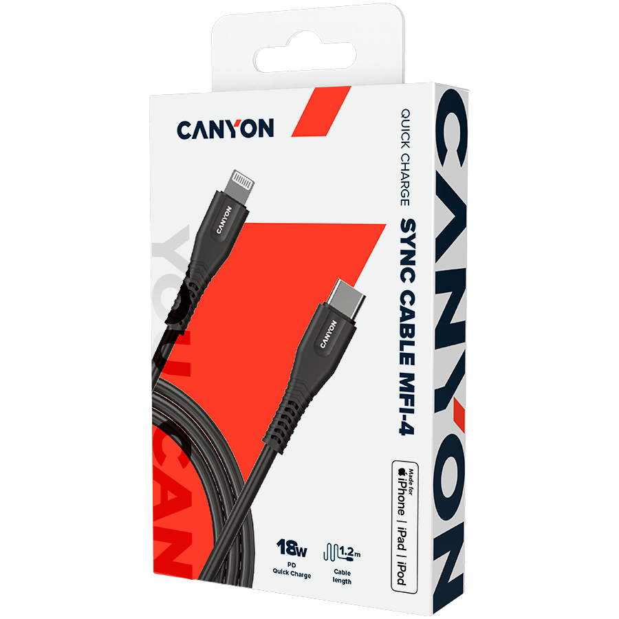 CANYON kabelis MFI-4 Type-C iki Lightning 1.2m Juodas