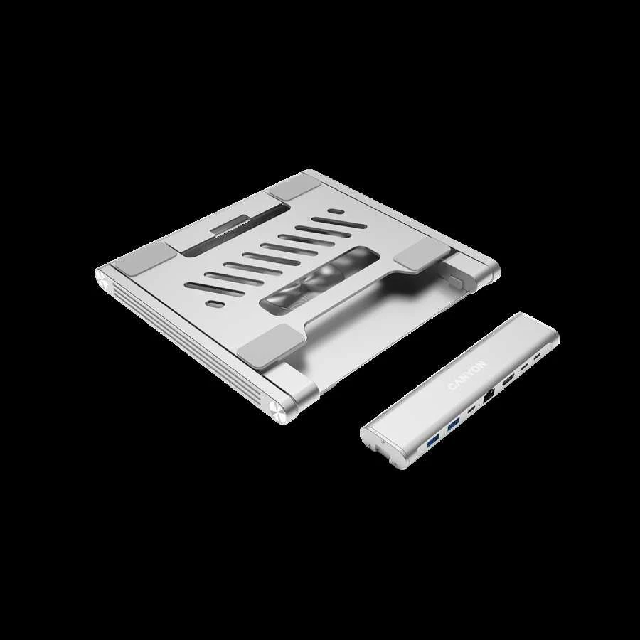 Canyon Nešiojamas kompiuterio stovas su šakotuvu, TYPE C F į HDMI2.0+2USB3.0+USBC3.0+RJ45+PD, TYEP C - C kabelis 1m baltas su Emark: HUSB332A, Medžiaga: Aliuminio korpusas+ABS+PS, Dydis: 245x240x27.2+/-0.3mm, Svoris: 1304g