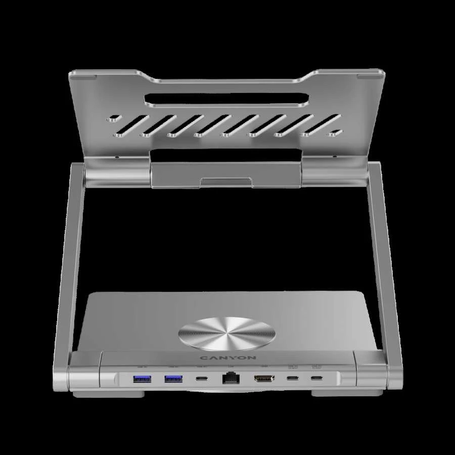 Canyon Nešiojamas kompiuterio stovas su šakotuvu, TYPE C F į HDMI2.0+2USB3.0+USBC3.0+RJ45+PD, TYEP C - C kabelis 1m baltas su Emark: HUSB332A, Medžiaga: Aliuminio korpusas+ABS+PS, Dydis: 245x240x27.2+/-0.3mm, Svoris: 1304g