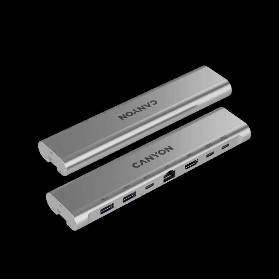 Canyon Nešiojamas kompiuterio stovas su šakotuvu, TYPE C F į HDMI2.0+2USB3.0+USBC3.0+RJ45+PD, TYEP C - C kabelis 1m baltas su Emark: HUSB332A, Medžiaga: Aliuminio korpusas+ABS+PS, Dydis: 245x240x27.2+/-0.3mm, Svoris: 1304g