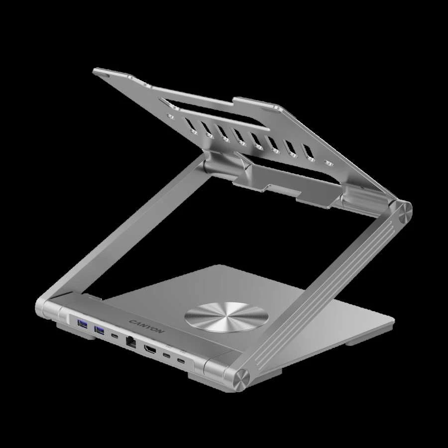 Canyon Nešiojamas kompiuterio stovas su šakotuvu, TYPE C F į HDMI2.0+2USB3.0+USBC3.0+RJ45+PD, TYEP C - C kabelis 1m baltas su Emark: HUSB332A, Medžiaga: Aliuminio korpusas+ABS+PS, Dydis: 245x240x27.2+/-0.3mm, Svoris: 1304g