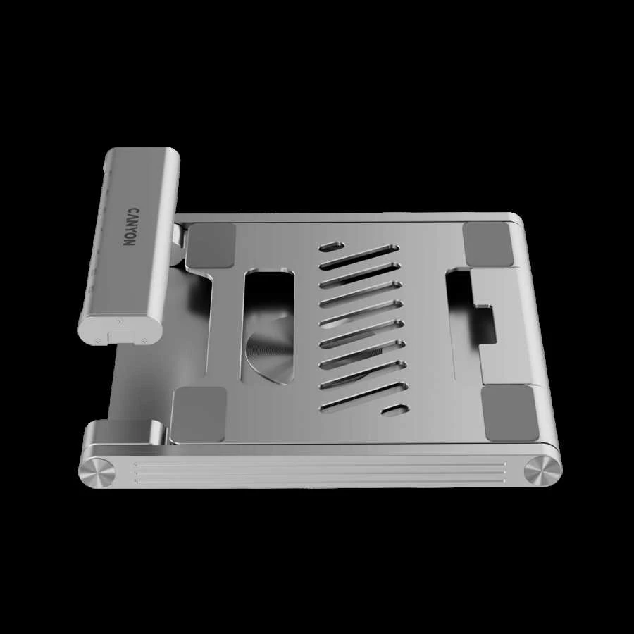 Canyon Nešiojamas kompiuterio stovas su šakotuvu, TYPE C F į HDMI2.0+2USB3.0+USBC3.0+RJ45+PD, TYEP C - C kabelis 1m baltas su Emark: HUSB332A, Medžiaga: Aliuminio korpusas+ABS+PS, Dydis: 245x240x27.2+/-0.3mm, Svoris: 1304g