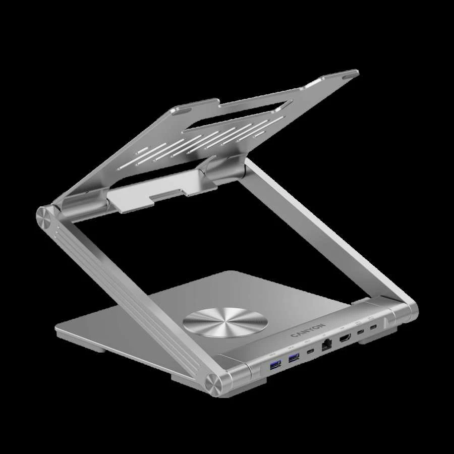 Canyon Nešiojamas kompiuterio stovas su šakotuvu, TYPE C F į HDMI2.0+2USB3.0+USBC3.0+RJ45+PD, TYEP C - C kabelis 1m baltas su Emark: HUSB332A, Medžiaga: Aliuminio korpusas+ABS+PS, Dydis: 245x240x27.2+/-0.3mm, Svoris: 1304g