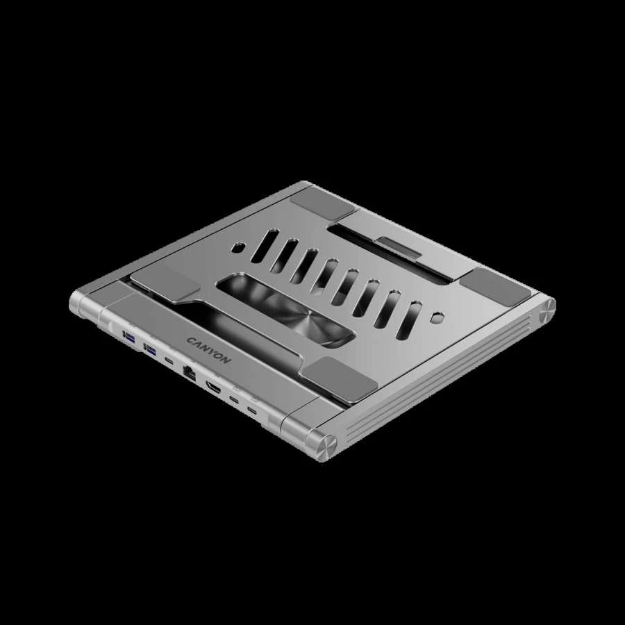 Canyon Nešiojamas kompiuterio stovas su šakotuvu, TYPE C F į HDMI2.0+2USB3.0+USBC3.0+RJ45+PD, TYEP C - C kabelis 1m baltas su Emark: HUSB332A, Medžiaga: Aliuminio korpusas+ABS+PS, Dydis: 245x240x27.2+/-0.3mm, Svoris: 1304g