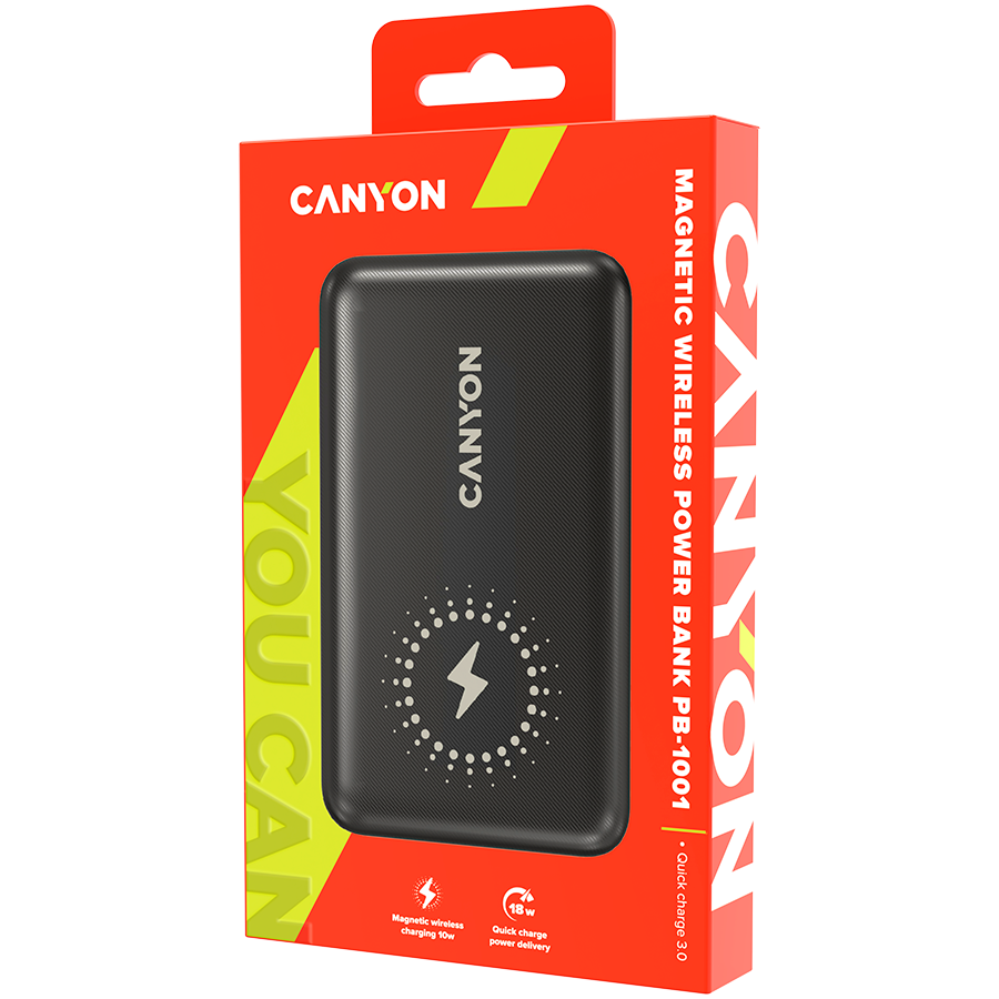 CANYON maitinimo blokas PB-1001 10000 mAh PD 18W QC 3.0 Wireless 10W Juodas