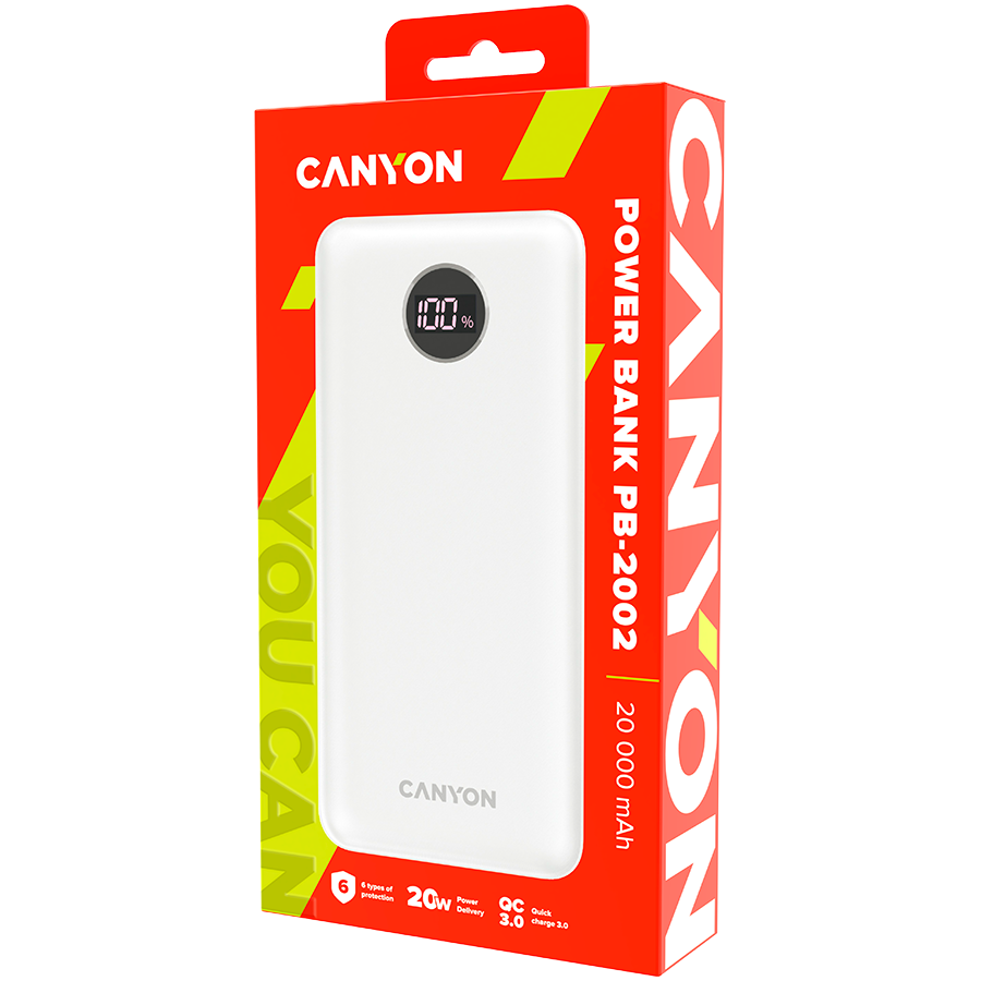 CANYON maitinimo blokas PB-2002 LED 20000 mAh PD 20W QC 3.0 baltas