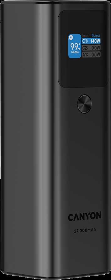 CANYON maitinimo blokas PB-2010 TFT 27000 mAh 97,2Wh PD140W QC 3.0 Tamsiai pilka