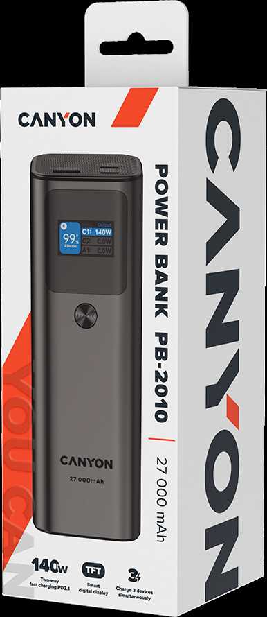 CANYON maitinimo blokas PB-2010 TFT 27000 mAh 97,2Wh PD140W QC 3.0 Tamsiai pilka