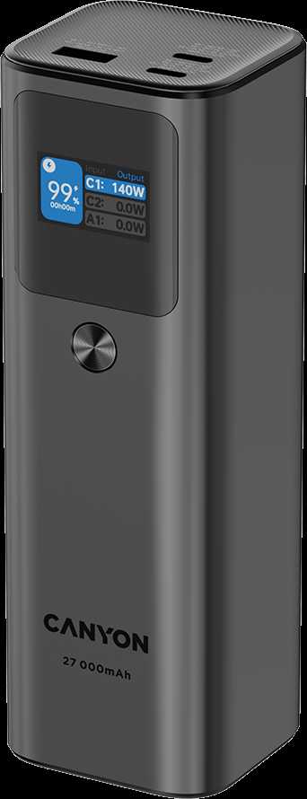 CANYON maitinimo blokas PB-2010 TFT 27000 mAh 97,2Wh PD140W QC 3.0 Tamsiai pilka