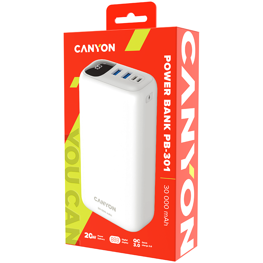 CANYON maitinimo blokas PB-301 LED 30000 mAh PD 20W QC 3.0 baltas