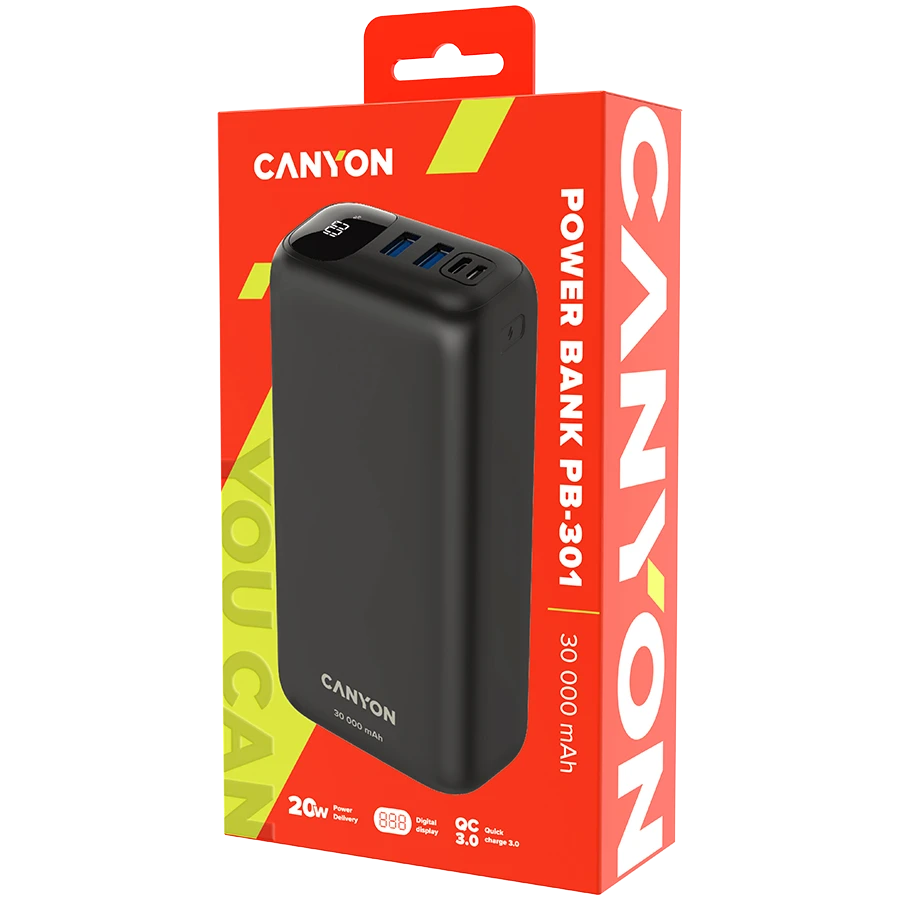 CANYON maitinimo blokas PB-301 LED 30000 mAh PD 20W QC 3.0 Juodas