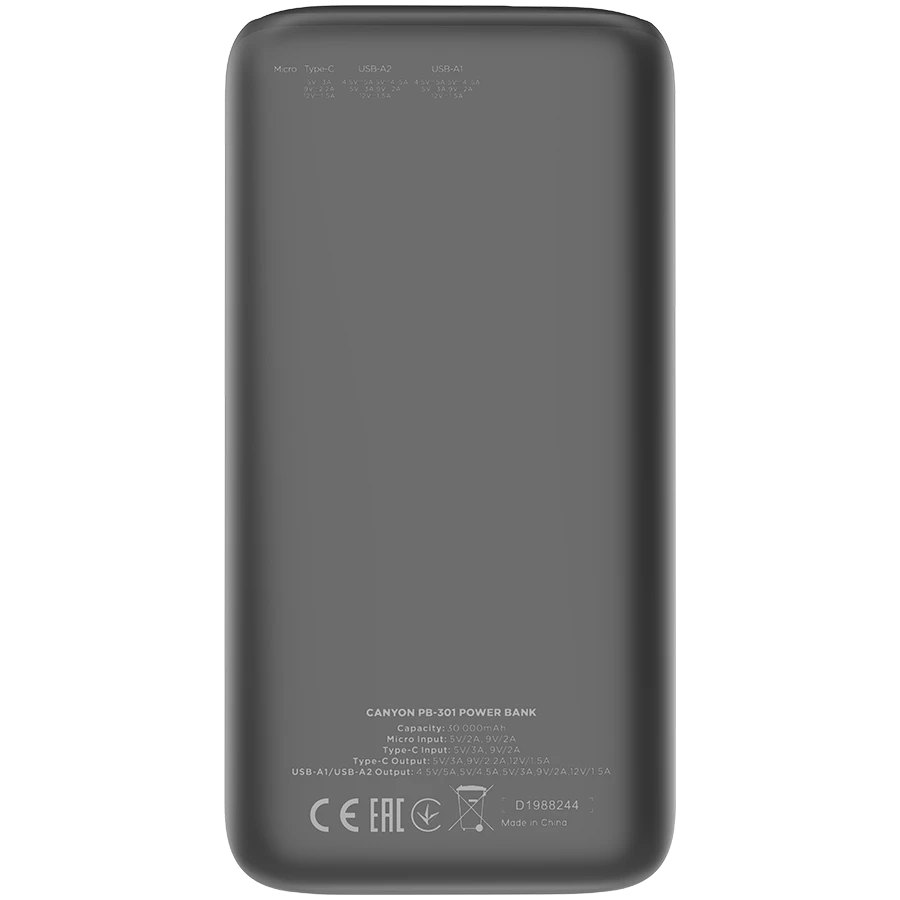 CANYON maitinimo blokas PB-301 LED 30000 mAh PD 20W QC 3.0 Juodas