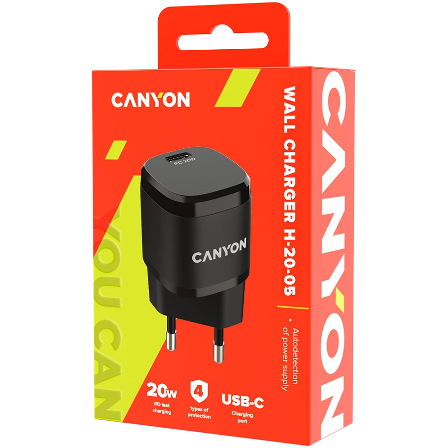 CANYON H-20-05, PD 20W Įvestis: 100V-240V, Išvestis: 1 prievado įkrovimas: USB-C:PD 20W (5V3A/9V2.22A/12V1.66A), Eu kištukas, Viršįtampa, perkaitęs, Apsauga nuo viršsrovių ir trumpojo jungimo Atitinka CE RoHs, ERP. Dydis: 68,5*29,2*29,4mm, 32,5g, Juodas