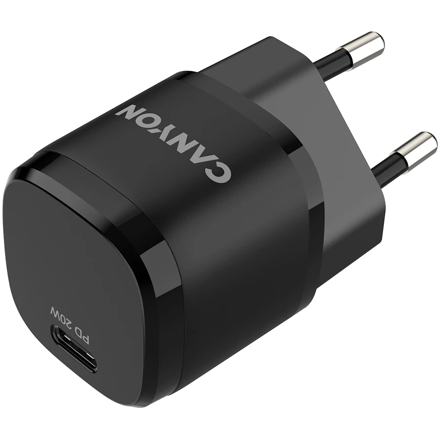 CANYON H-20-05, PD 20W Įvestis: 100V-240V, Išvestis: 1 prievado įkrovimas: USB-C:PD 20W (5V3A/9V2.22A/12V1.66A), Eu kištukas, Viršįtampa, perkaitęs, Apsauga nuo viršsrovių ir trumpojo jungimo Atitinka CE RoHs, ERP. Dydis: 68,5*29,2*29,4mm, 32,5g, Juodas