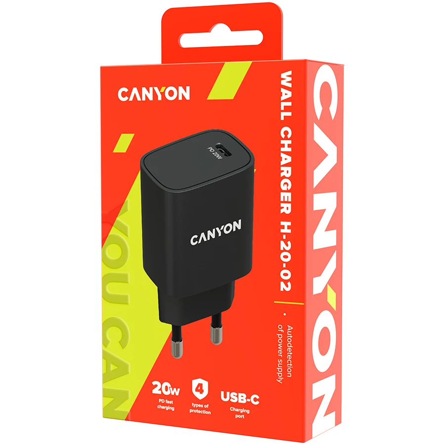 CANYON H-20, PD 20W Įvestis: 100V-240V, Išvestis: 1 prievado įkrovimas: USB-C:PD 20W (5V3A/9V2.22A/12V1.67A), Eu kištukas, Viršįtampa, perkaitimo, per didelės srovės ir trumpojo jungimo apsauga Atitinka RoH, ERPCE. Dydis: 80*42,3*30mm, 55g, Juodas