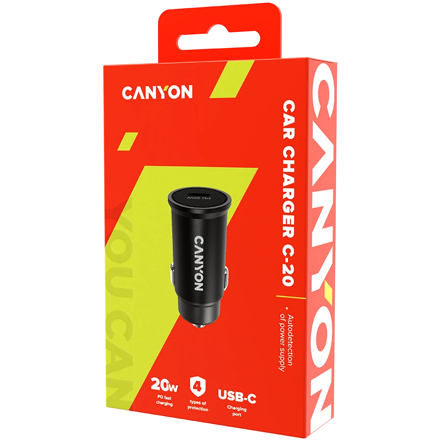 Canyon C-20, PD 20W Kišeninis automobilinis įkroviklis, įėjimas: DC12V-24V, išėjimas: PD20W, palaiko iPhone12 PD greitą įkrovimą, Atitinka CE RoHs , Dydis: 50.6*23.4*23.4, 18g, Juodas