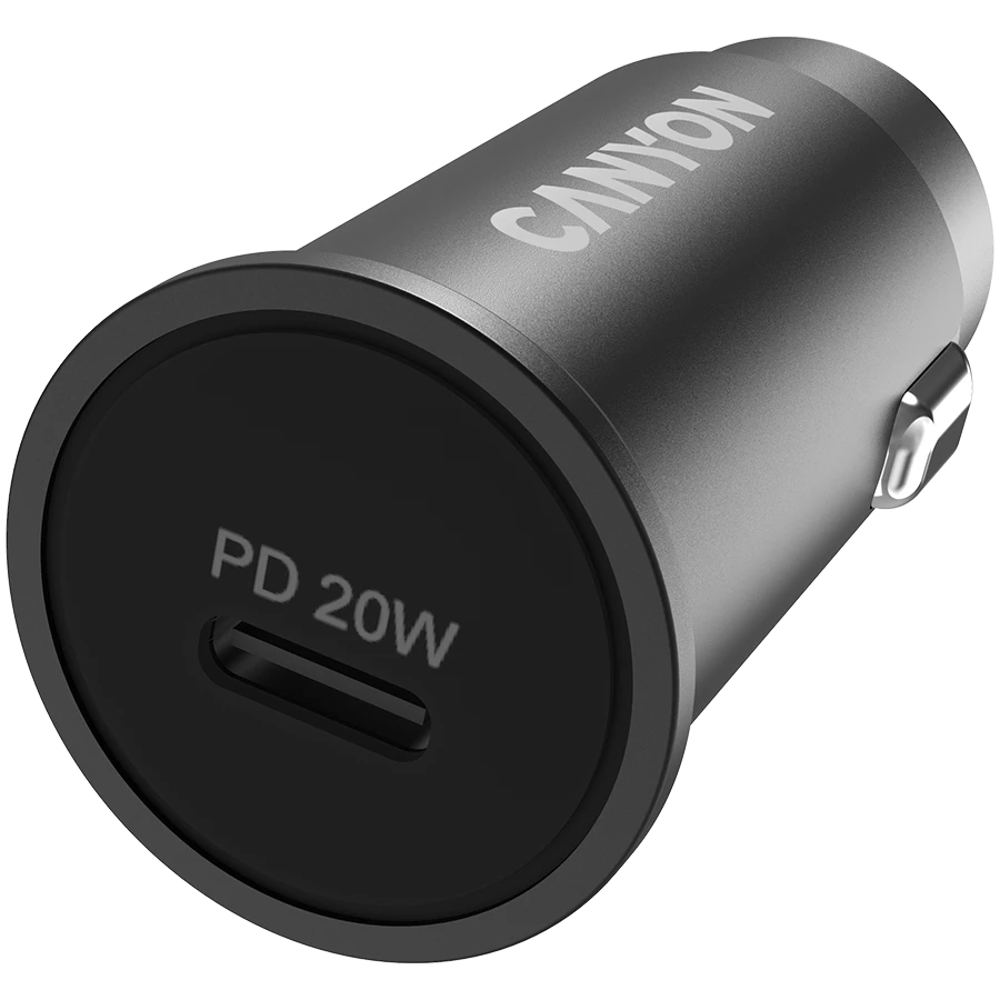 Canyon C-20, PD 20W Kišeninis automobilinis įkroviklis, įėjimas: DC12V-24V, išėjimas: PD20W, palaiko iPhone12 PD greitą įkrovimą, Atitinka CE RoHs , Dydis: 50.6*23.4*23.4, 18g, Juodas