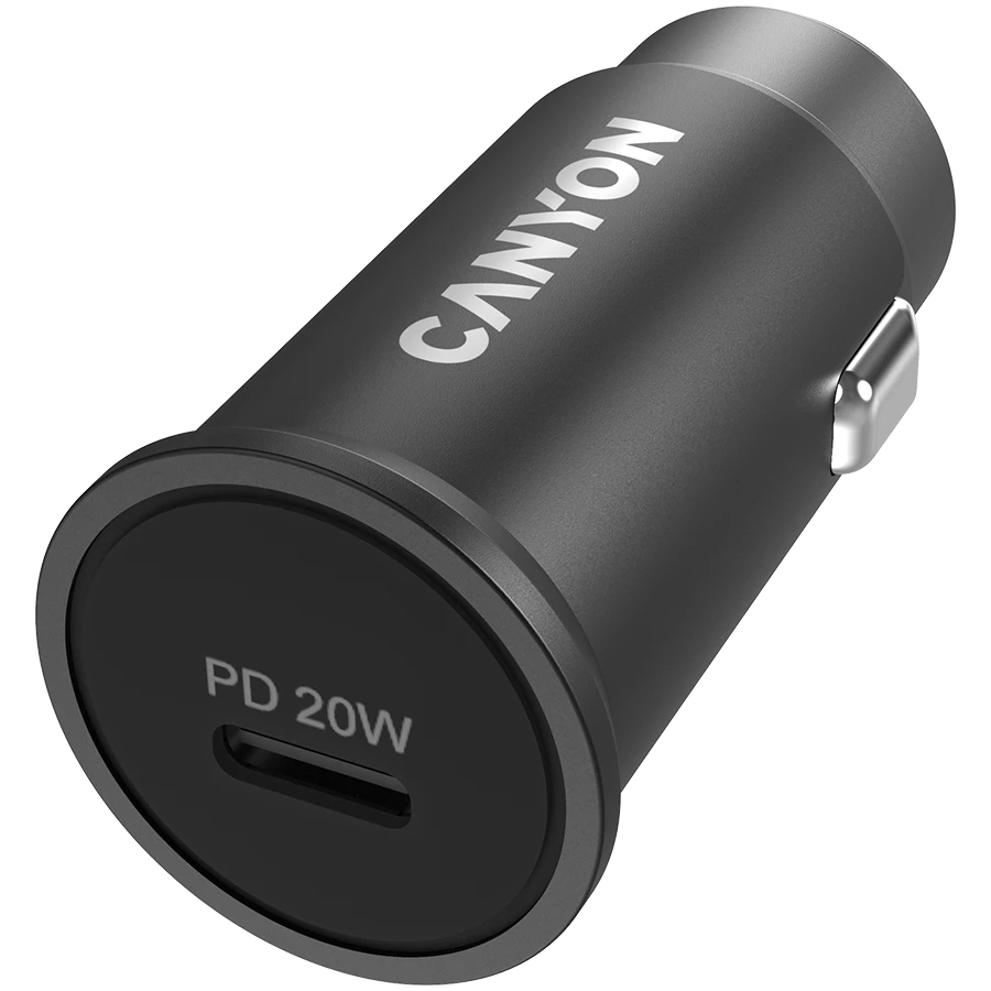 Canyon C-20, PD 20W Kišeninis automobilinis įkroviklis, įėjimas: DC12V-24V, išėjimas: PD20W, palaiko iPhone12 PD greitą įkrovimą, Atitinka CE RoHs , Dydis: 50.6*23.4*23.4, 18g, Juodas