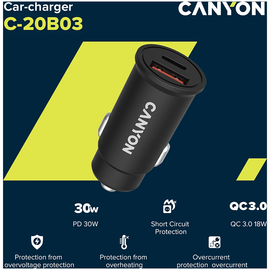 CANYON C-20B03, PD 30W/QC3.0 18W Kišeninis automobilinis įkroviklis su 1-USB A+ 1-USB-C įvestis: DC12V-24V, Išvestis: USBC: PD30W( 5V3A/9V3A/12V2.5A/15V2.5A/15V.3.0. 18W (5V3A